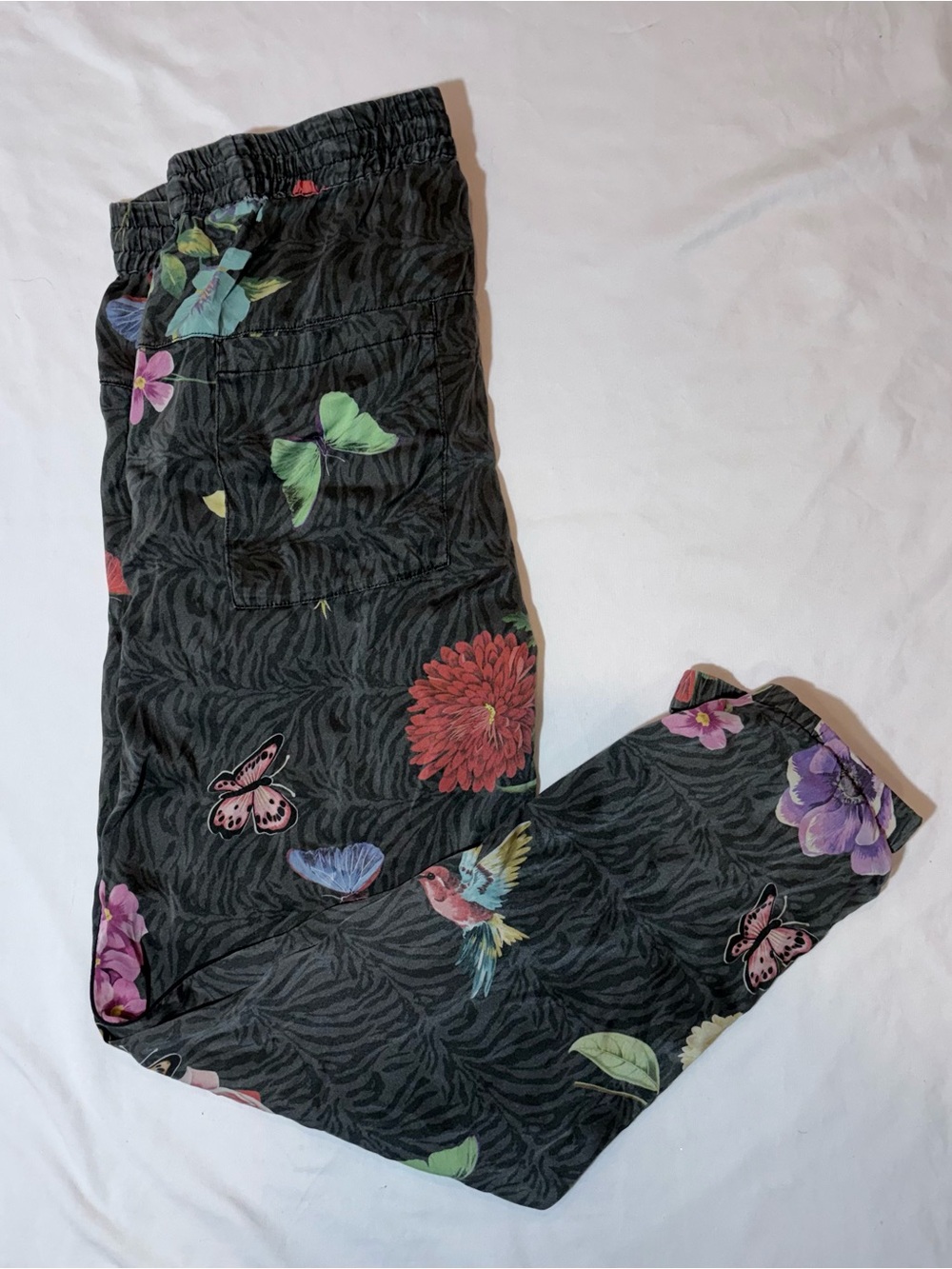 Johnny Was Black Joggers with Multicolor Floral, Butterfly & Bird Print